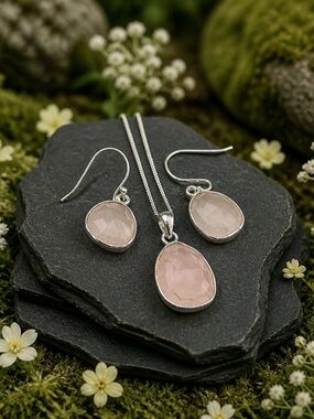 Rose Quartz Necklace & Earring SET!